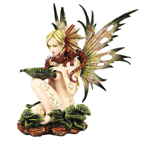 Fairy with Dragon Drinking from Leaf Sculpture Leaves Forest Figurine